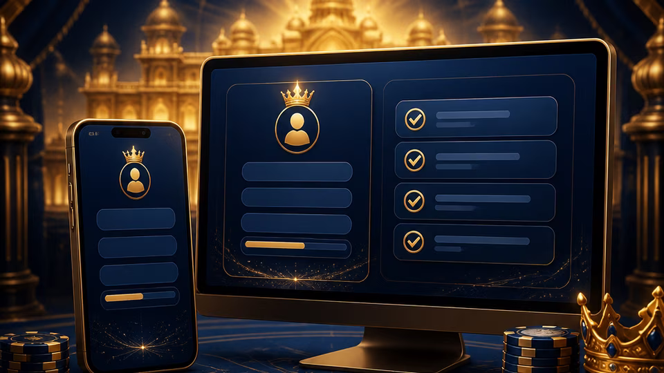 Lucky Emperor account setup checklist on desktop and mobile screens